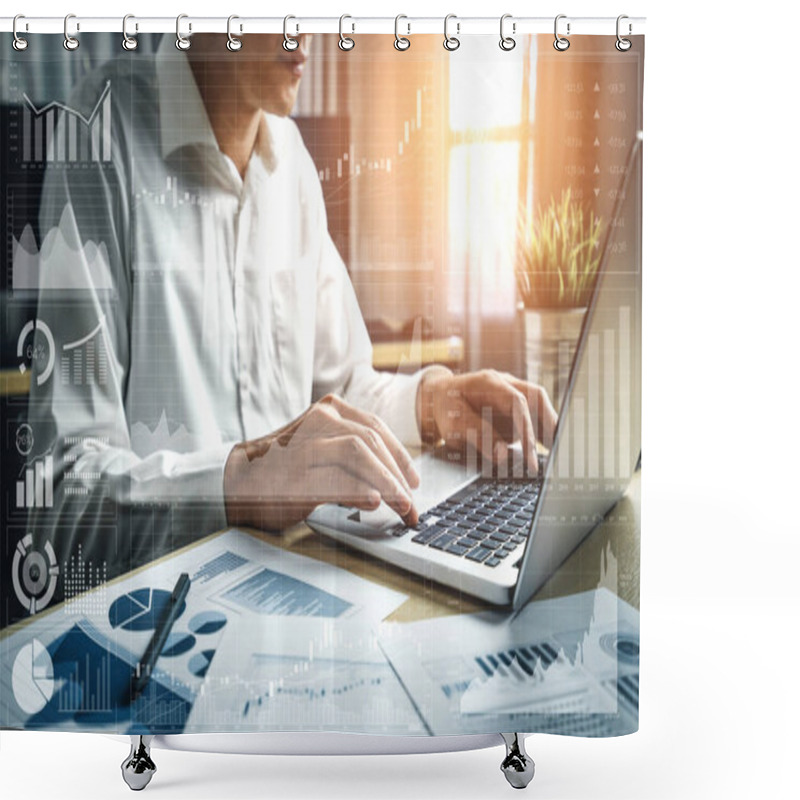 Personality  Data Analysis For Business And Finance Concept. Graphic Interface Showing Future Computer Technology Of Profit Analytic, Online Marketing Research And Information Report For Digital Business Strategy. Shower Curtains