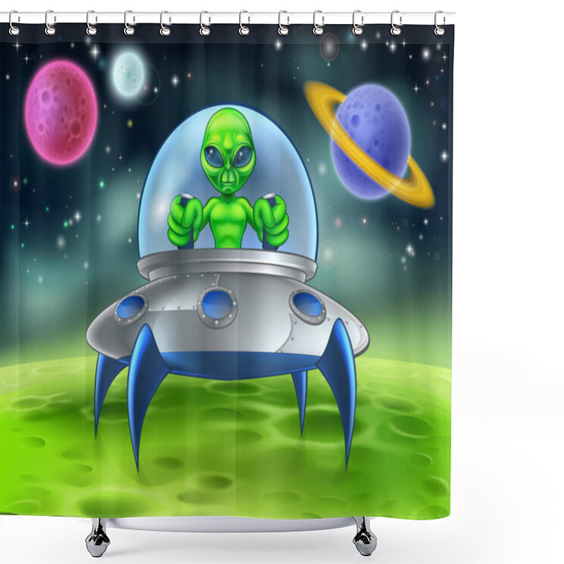 Personality  Cartoon Alien UFO Flying Saucer On Planet Shower Curtains