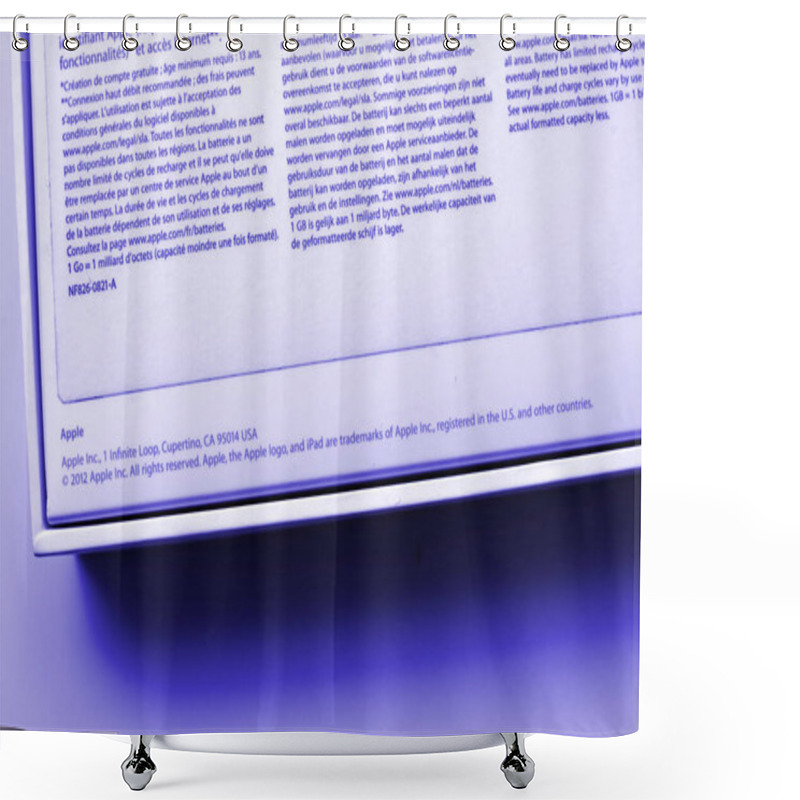 Personality  Paris, France - Jan 14, 2015: Apple Packaging With Detailed Company Information, Including Address, Copyright, And Trademarks, Written In A Professional Style Shower Curtains