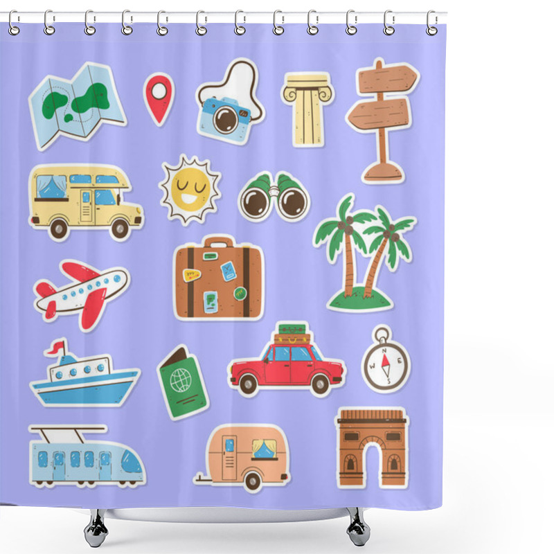 Personality  Travel And Summer Holidays Sticker Collection. Hand-drawn Isolated Elements With A White Border. Vector Illustration. Shower Curtains