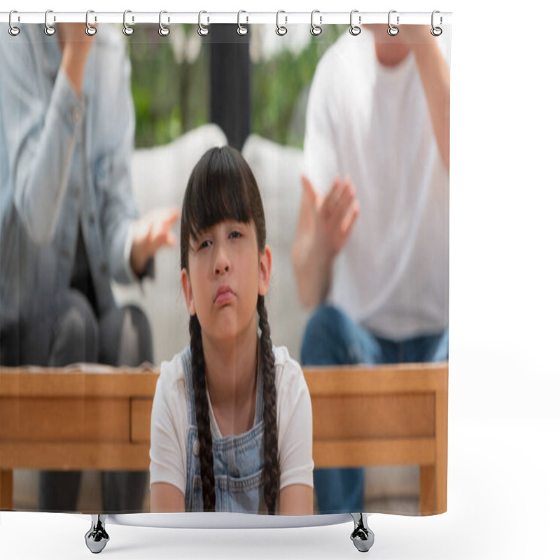 Personality  Stressed And Unhappy Young Girl Crying And Trapped In Middle Of Tension By Her Parent Argument In Living Room. Unhealthy Domestic Lifestyle And Traumatic Childhood Develop To Depression. Synchronos Shower Curtains