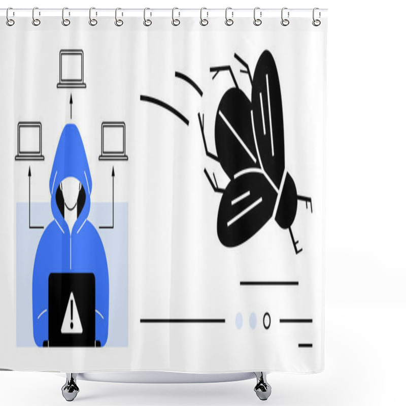 Personality  Hacker In Hoodie With Alert Symbol On Laptop, Flying Bug On Right. Ideal For Cybersecurity, Hacking, Data Protection, Software Issues, Coding Errors, Tech Threats, Virus Infestation. Line Metaphor Shower Curtains