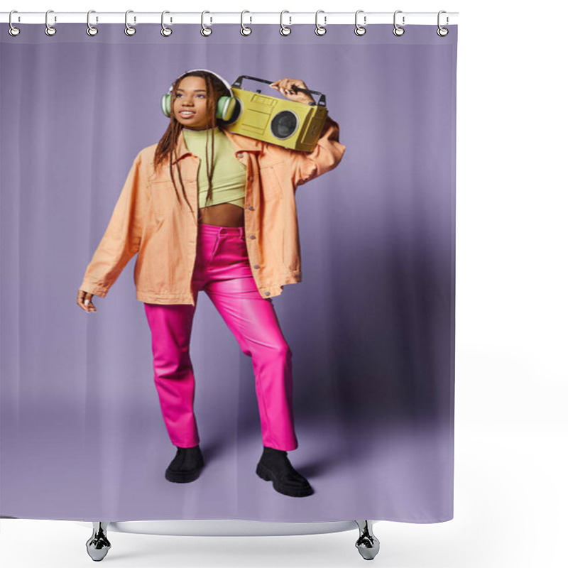 Personality  Happy African American Girl In Wireless Headphones Standing With Retro Boombox On Purple Backdrop Shower Curtains