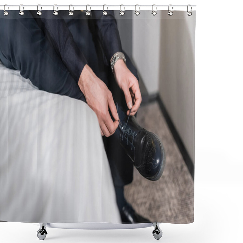 Personality  Cropped View Of Man Tying Laces On Shoes In Hotel Shower Curtains