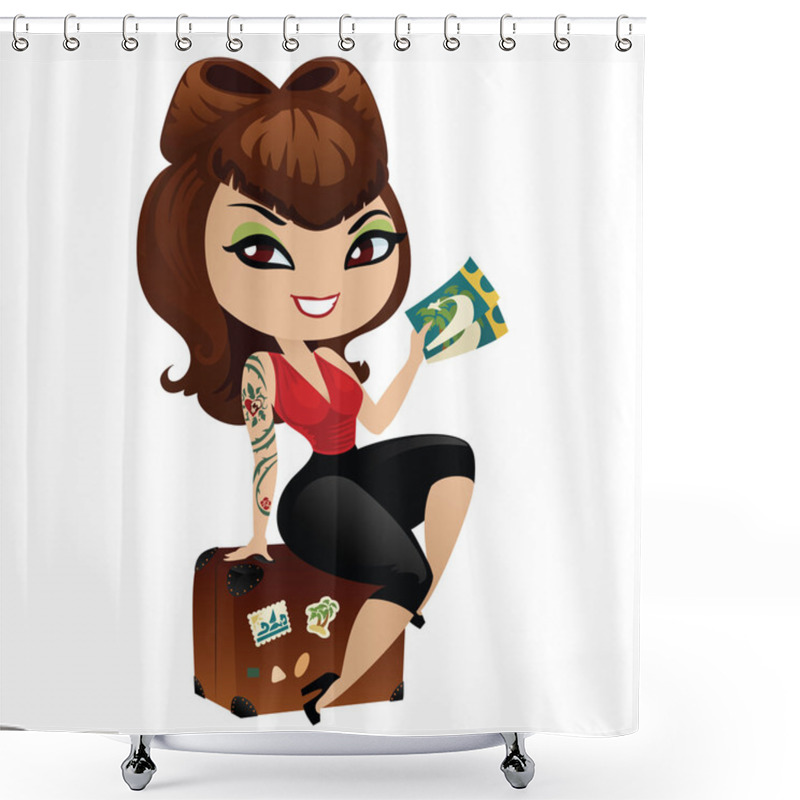 Personality  Beautiful Girl In Retro Style With Suitcase And Tickets In Hand Shower Curtains