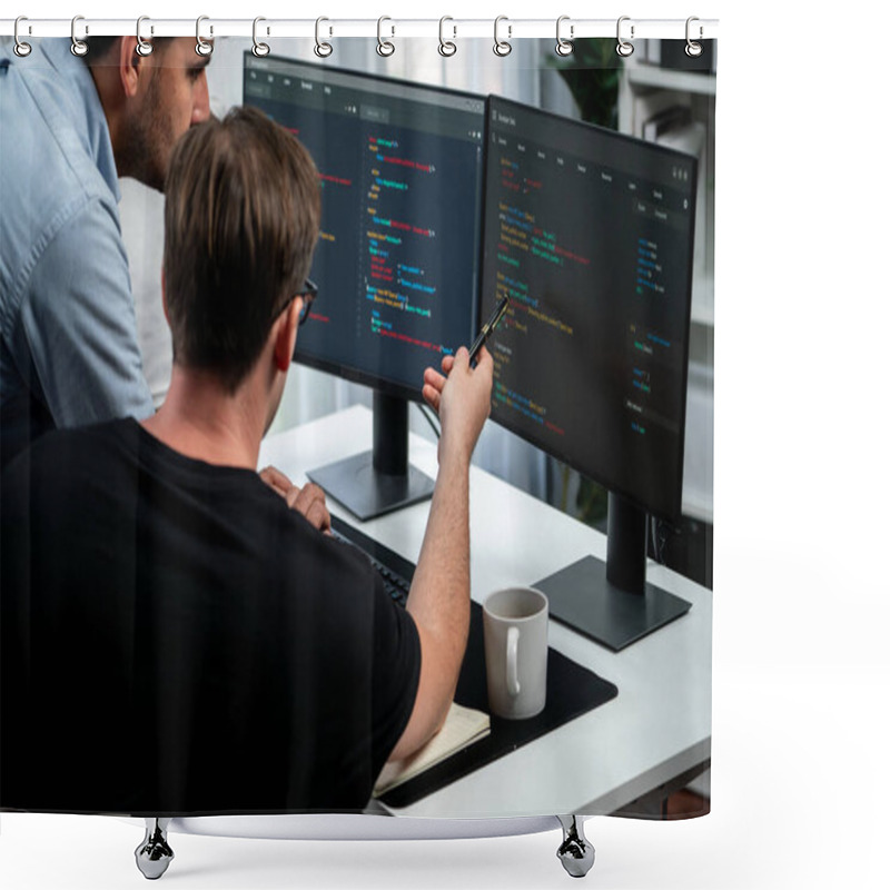 Personality  IT Developers Discussing Online Software Development Information On Pc Screen, Creating Program Coding For Latest Version Application On Website. Concept Of Brainstorming Firmware Updated. Sellable. Shower Curtains