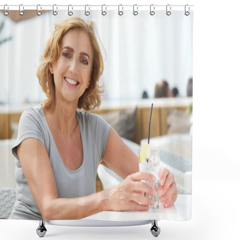 Personality  Mature Woman Smiling With Glass Of Water At Restaurant Shower Curtains