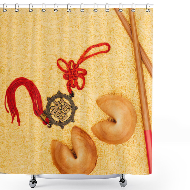 Personality  Top View Of Chinese Talisman And Fortune Cookies On Golden Surface, Chinese New Year Concept Shower Curtains