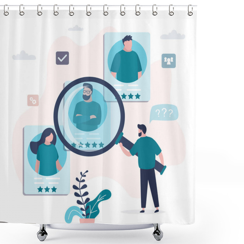 Personality  Various Resumes Of People Candidates. CV Of Job Seekers. Businessman Use Magnifying Glass And Chooses Workers And Hires. Skills Assessment, Quality Of Professional Training. Flat Vector Illustration Shower Curtains