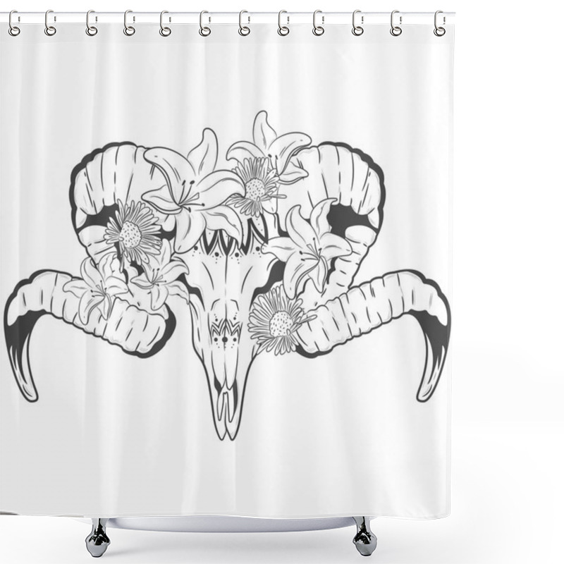 Personality  Ram Skull With Flowers Of Lilies And Daisies. Vector Print Shower Curtains