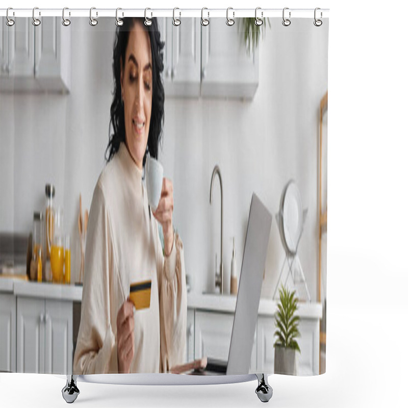 Personality  A Happy Woman Holds A Credit Card While Focused On Her Laptop In The Kitchen. Shower Curtains