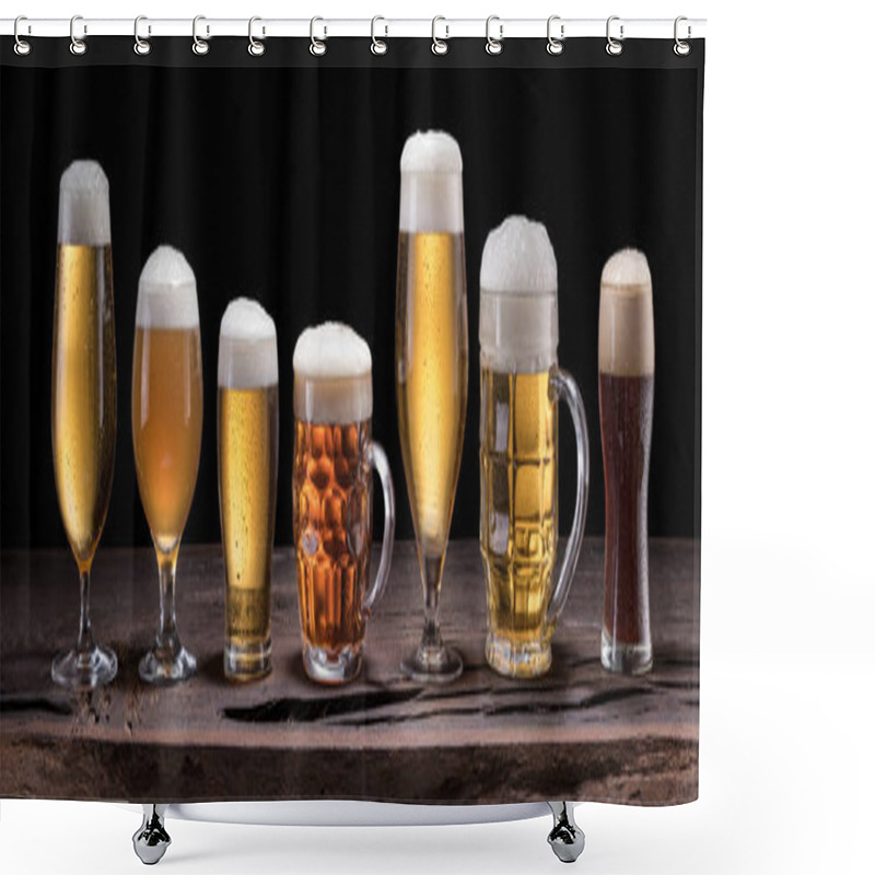 Personality  Beer Assortment. Cold Different Glasses Of Beer On The Wooden Table At The Black Background. Shower Curtains