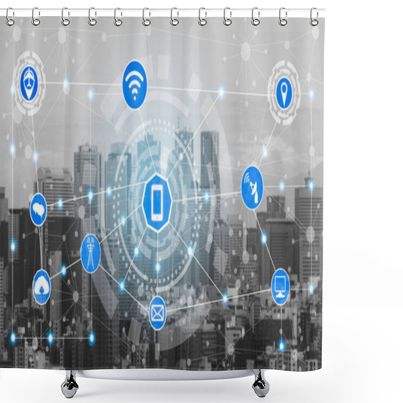 Personality  Smart City Wireless Communication Network With Graphic Showing Concept Of Internet Of Things ( IOT ) And Information Communication Technology ( ICT ) Against Modern City Buildings In The Background. Shower Curtains