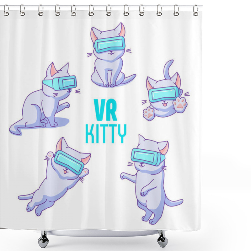 Personality  Set Of Cute Cartoon Cats With VR Glasses Shower Curtains