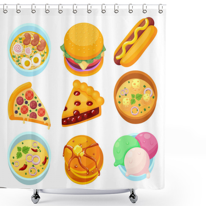 Personality  Vector - Dishes Food Dessert And Meal Tasty Cartoon Icon Set Shower Curtains