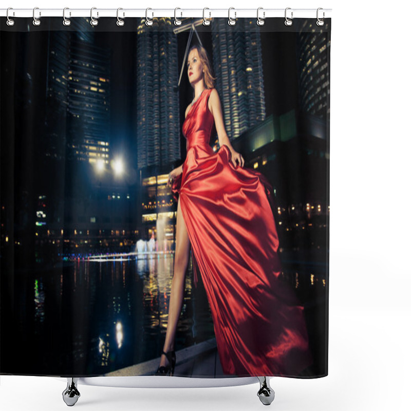 Personality  Fashion Lady In Red Dress And City Lights Shower Curtains