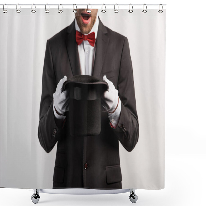 Personality  Cropped View Of Shocked Magician Holding Hat, Isolated On Grey Shower Curtains