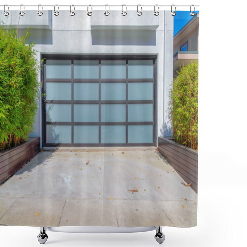 Personality  Modern Garage Door With Frosted Glass Panel And Black Grids At San Francisco, California. Concrete Driveway With Small Bamboo Plants On A Wooden Black Planters On The Side. Shower Curtains