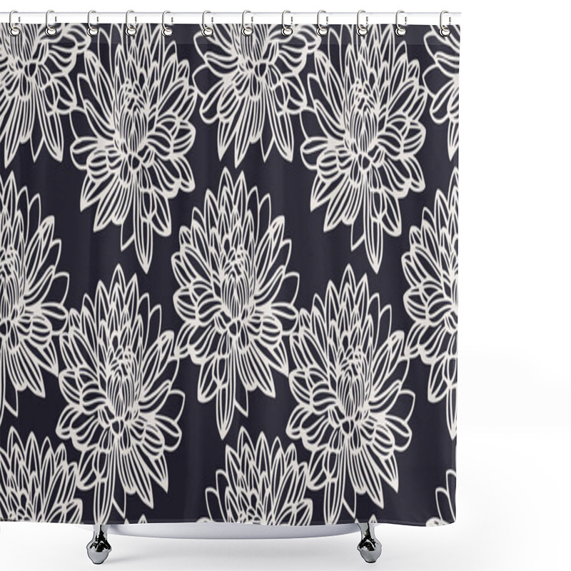 Personality  Minimalist Seamless Floral Pattern With Large, Detailed White Line-drawn Flowers On A Dark Background. Perfect For Modern Textiles, Packaging, Wallpaper, Sophisticated Monochrome Look. Shower Curtains