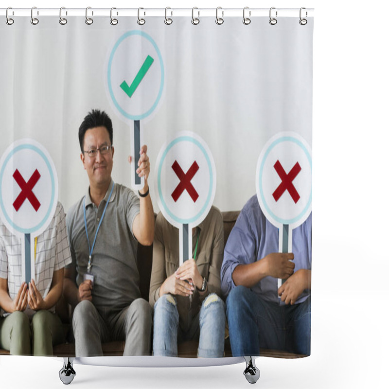 Personality  Workers Sitting And Holding Tick Icons Shower Curtains