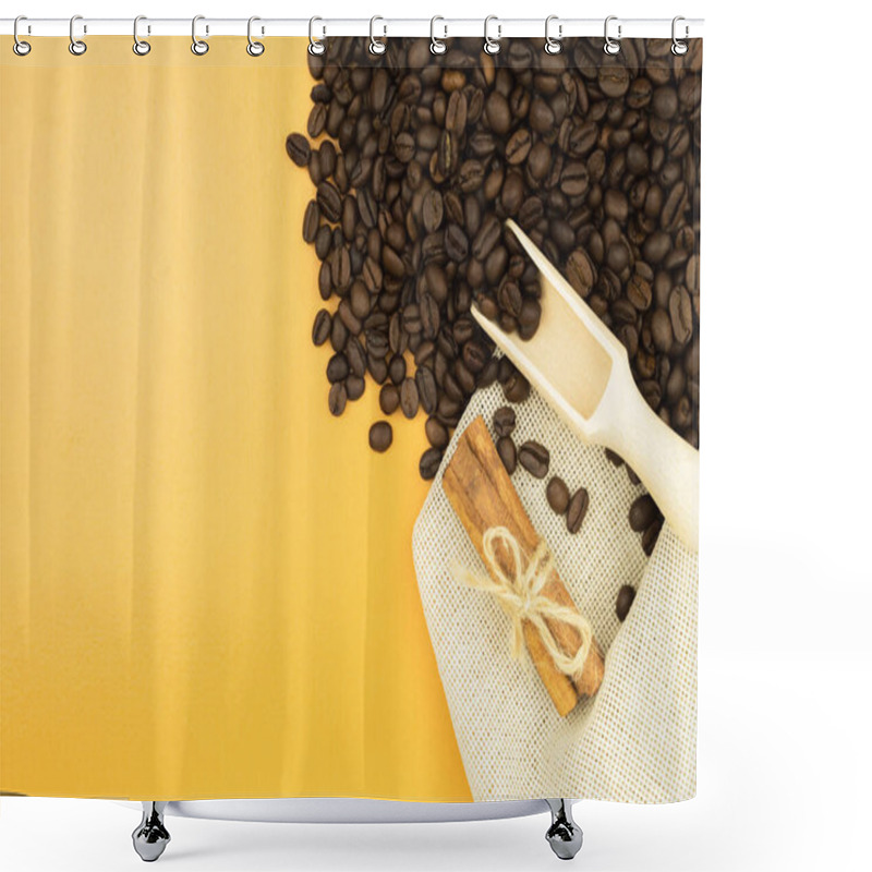 Personality  Scattered Coffee Beans On A Yellow Background. Frame For Text Made From Coffee Beans Scattered On The Surface Of The Table Shower Curtains