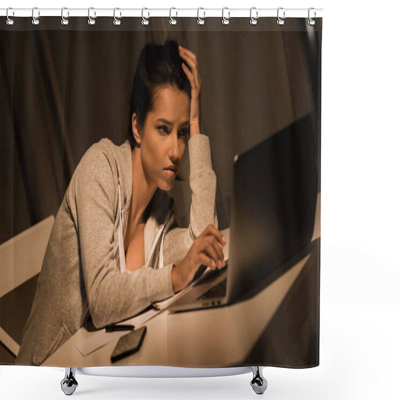 Personality  Thoughtful Woman Working On Laptop At Home Shower Curtains