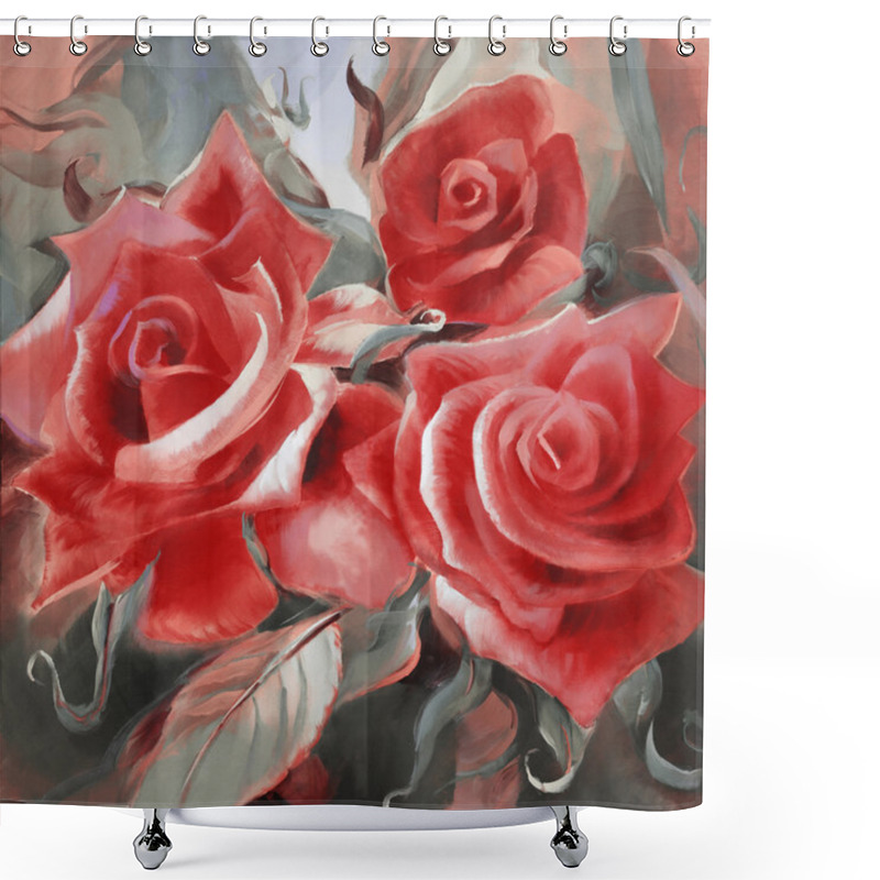 Personality  Red Roses Hand Painted On Canvas Shower Curtains