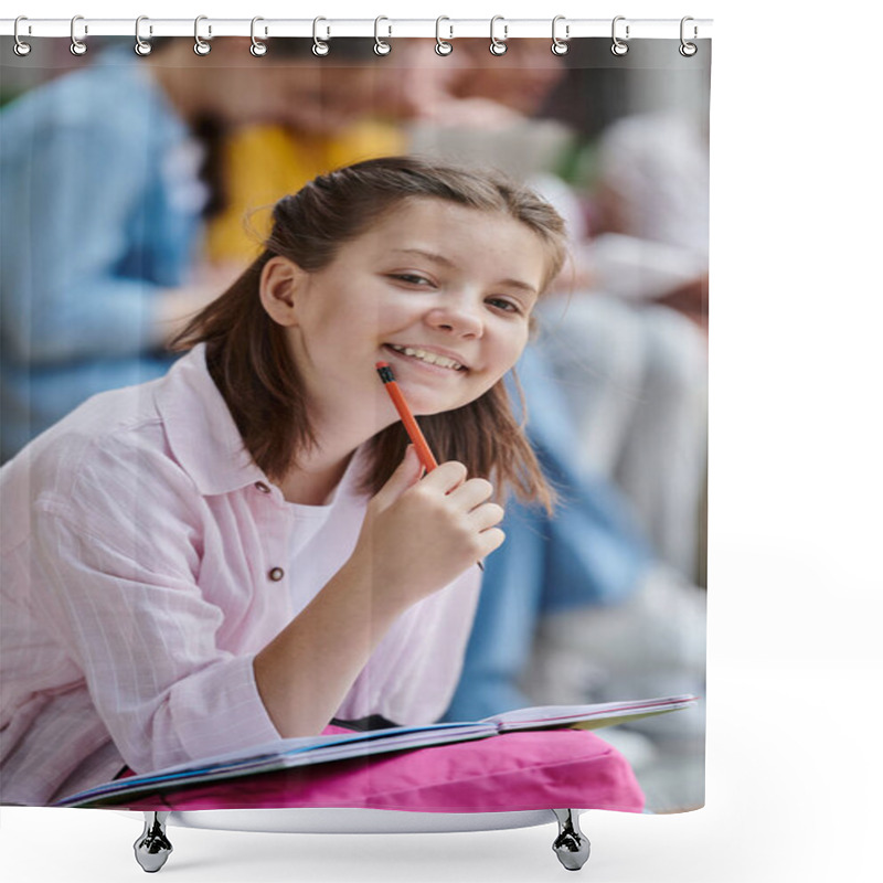 Personality  Back To School, Happy And Smart Girl Holding Pencil And Looking At Camera, Study, Ideas, Learn Shower Curtains