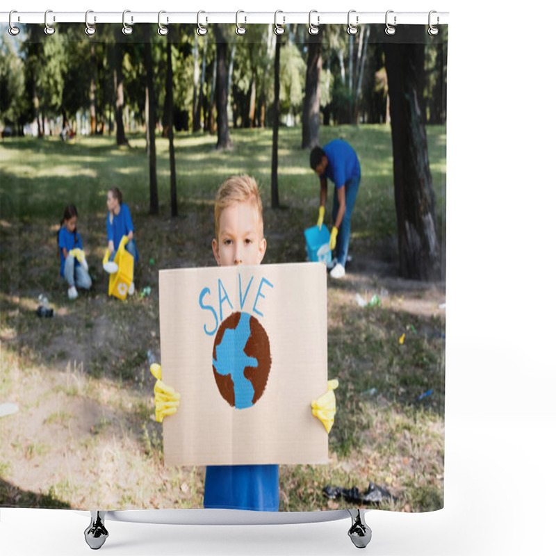 Personality  Boy Holding Placard With Globe And Save Inscription, While Family Collecting Plastic Waste On Blurred Background, Ecology Concept Shower Curtains