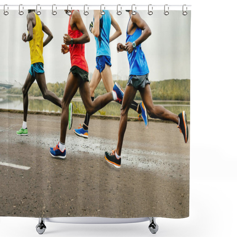 Personality  Leading Group Runners Dressed In Bright Sports Clothes Race Along Calm River, Summer Marathon Shower Curtains