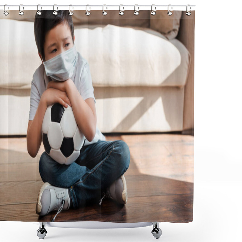 Personality  Sad Asian Kid With Football Ball Sitting On Floor At Home On Self Isolation Shower Curtains