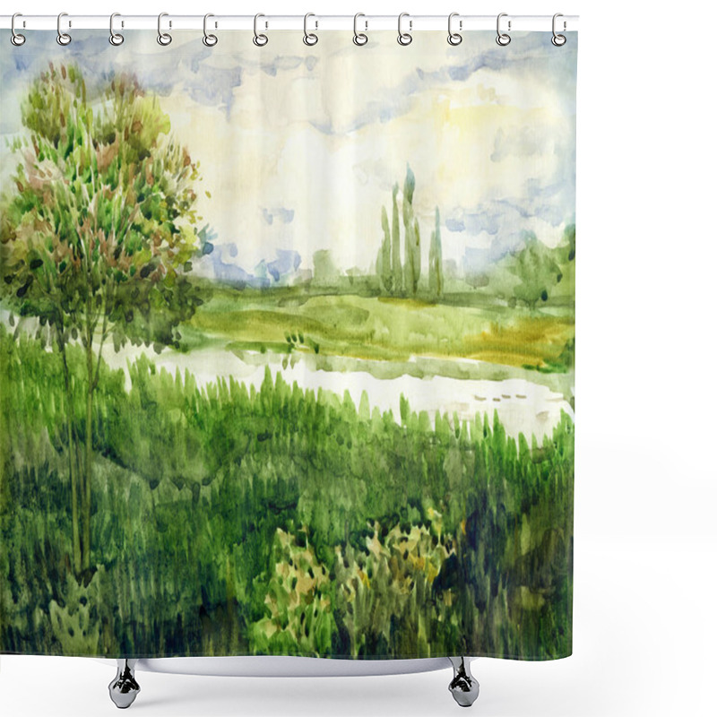 Personality  Colorful Bright Hand Drawn Watercolour Sketch Drawing On Paper Backdrop With Space For Text On Gloaming Heaven. Quiet Gentle Romantic Springtime Daybreak Scenery. Young Birch On Bank Of Calm Bay View Shower Curtains