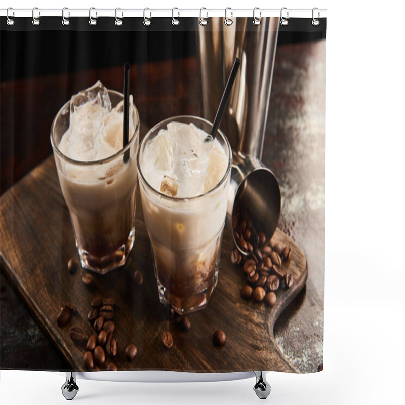 Personality  White Russian Cocktail In Glasses With Straws On Wooden Board With Coffee Grains Shower Curtains