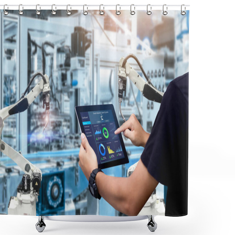 Personality  Smart Industry Control Concept.Hands Holding Tablet On Blurred Automation Machine As Background Shower Curtains