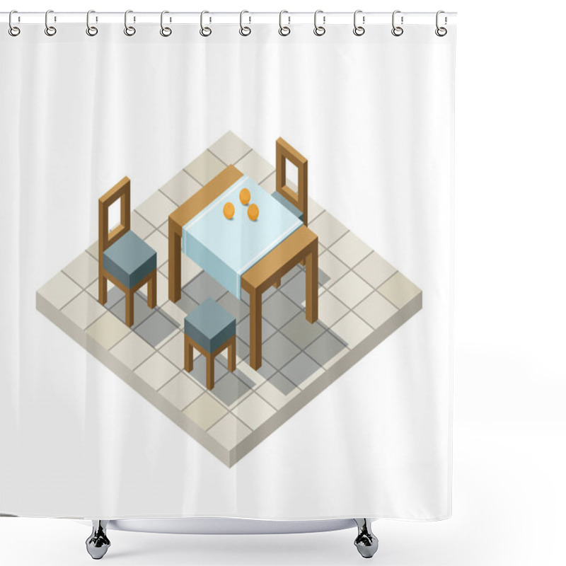 Personality  Vector Isometric Illustration Of Kitchen Furniture Shower Curtains