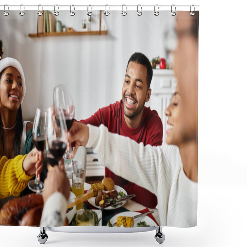 Personality  Friends Toast To Christmas Joy, Enjoying Food And Laughter Together. Shower Curtains