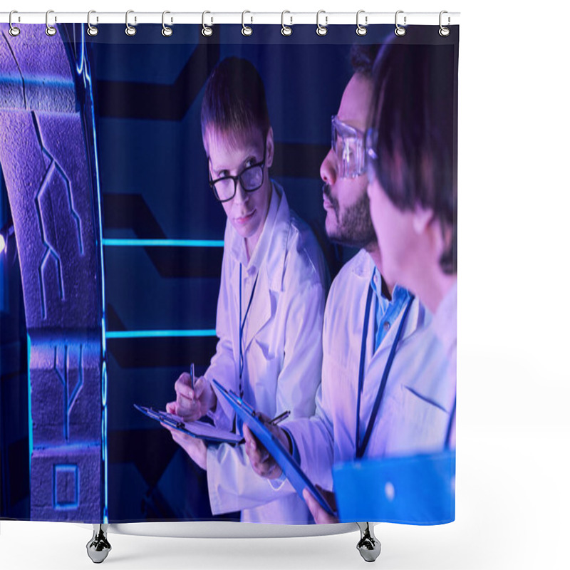 Personality  Futuristic Exchange: Three Scientists And An Intern Observe Colleagues In Neon-Lit Science Center Shower Curtains