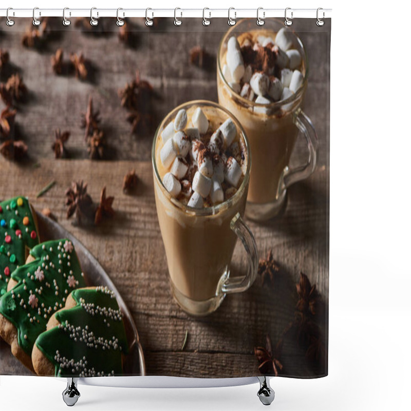 Personality  Cacao With Marshmallow On Wooden Table With Anise And Christmas Cookies Shower Curtains