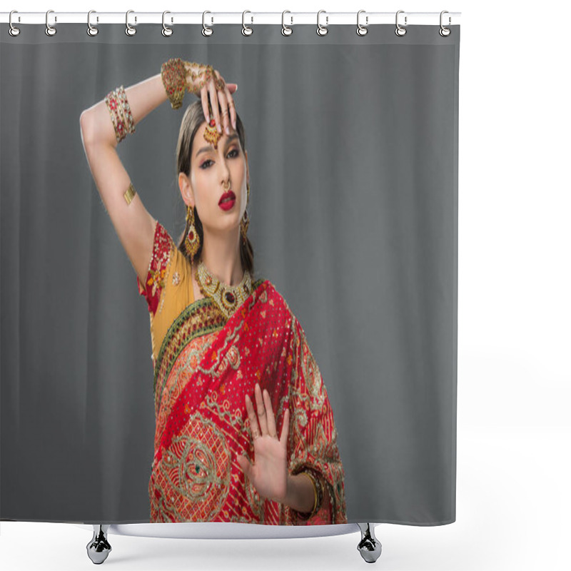 Personality  Indian Woman Gesturing In Sari And Accessories, Isolated On Grey  Shower Curtains