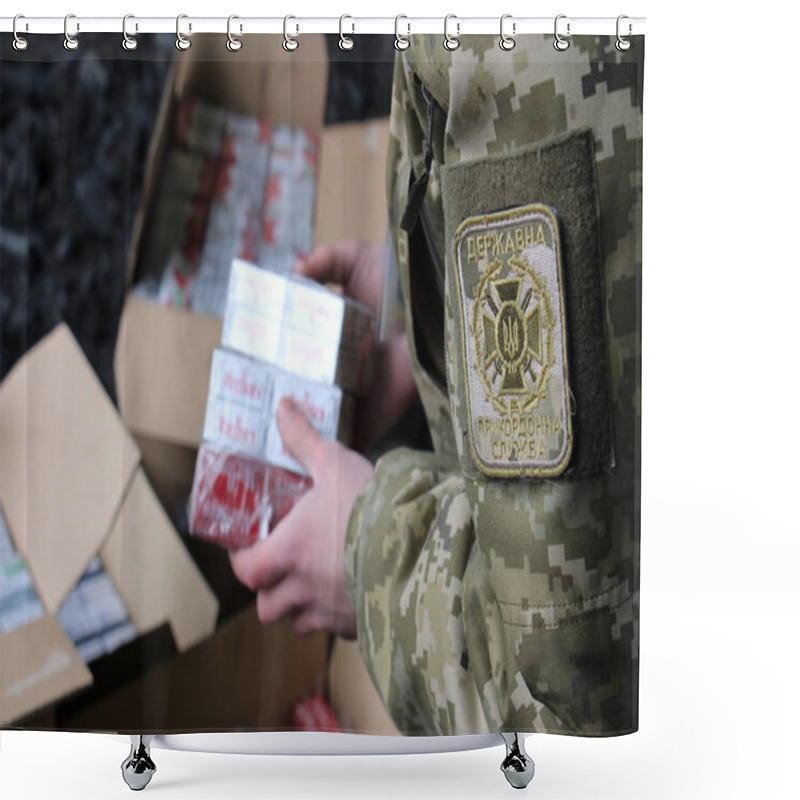 Personality  The Border Guard In Camouflage Uniforms Puts Smuggled Cigarettes Shower Curtains