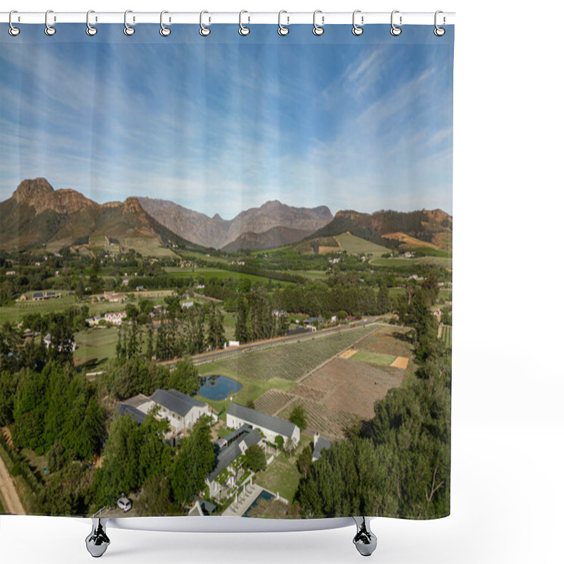 Personality  Rural Landscape With Mountain Range. Estate, Several Structures, Residential Buildings And Agricultural Outbuildings, Pond, Verdant Fields. Tranquility Natural Beauty. Aerial View, Lavender Shower Curtains