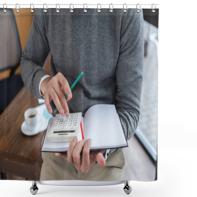 Personality  Cropped View Of Businessman With Pencil And Notebook Using Calculator In Office Shower Curtains