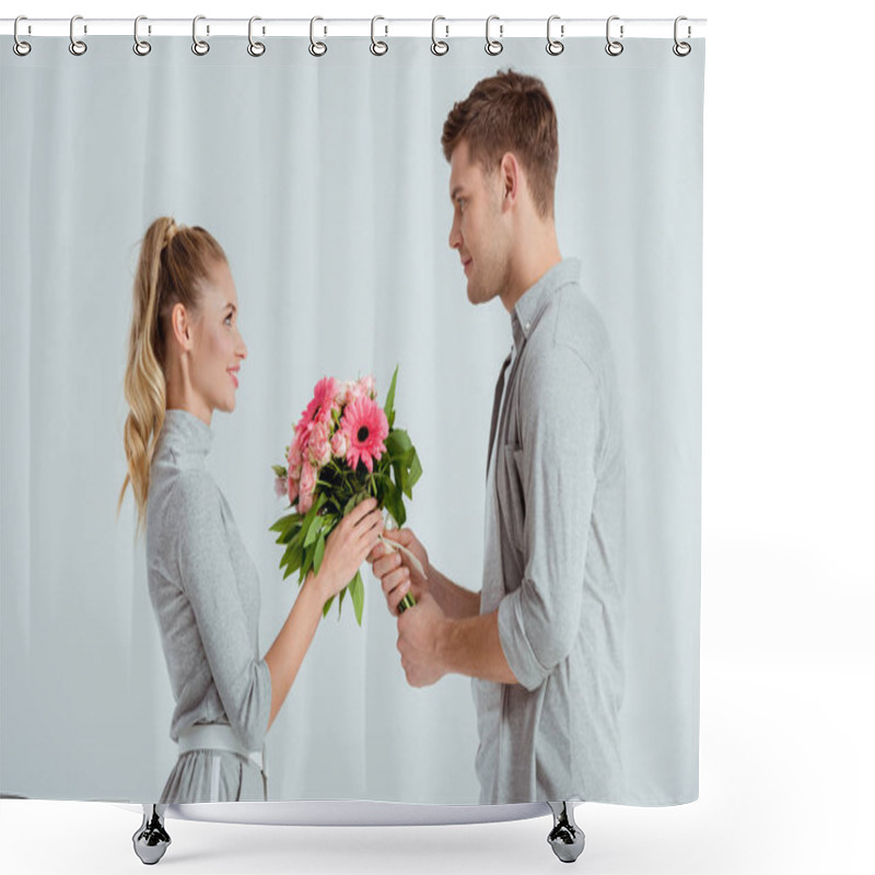 Personality  Handsome Man Giving Pink Flower Bouquet To Woman Isolated On Grey Shower Curtains