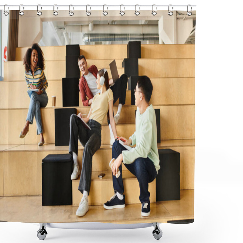 Personality  Multicultural Students Of Varying Backgrounds Sit On A Staircase, Engrossed In Conversation Shower Curtains