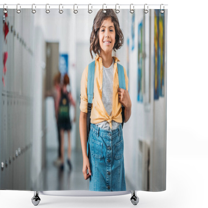 Personality  Schoolgirl With Backpack In School Corridor Shower Curtains