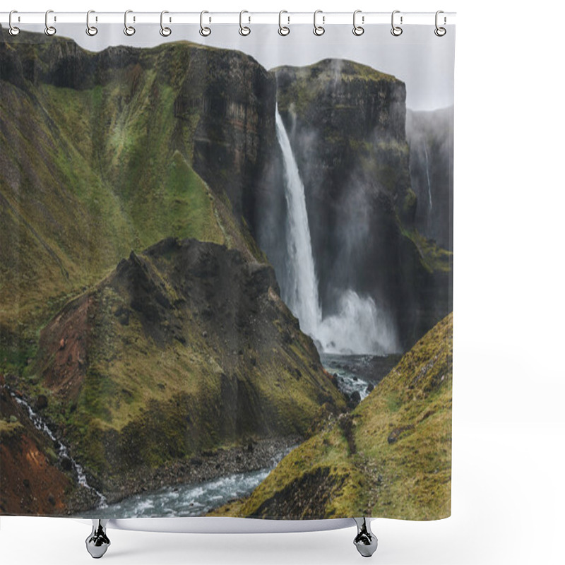 Personality  Icelandic Landscape With Haifoss Waterfall And Green Hills On Misty Day Shower Curtains