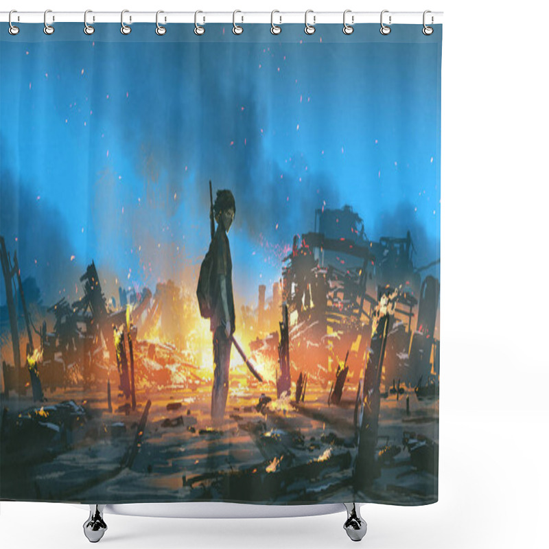 Personality  Young Survivor In The Apocalyptic World, Digital Art Style, Illustration Painting Shower Curtains