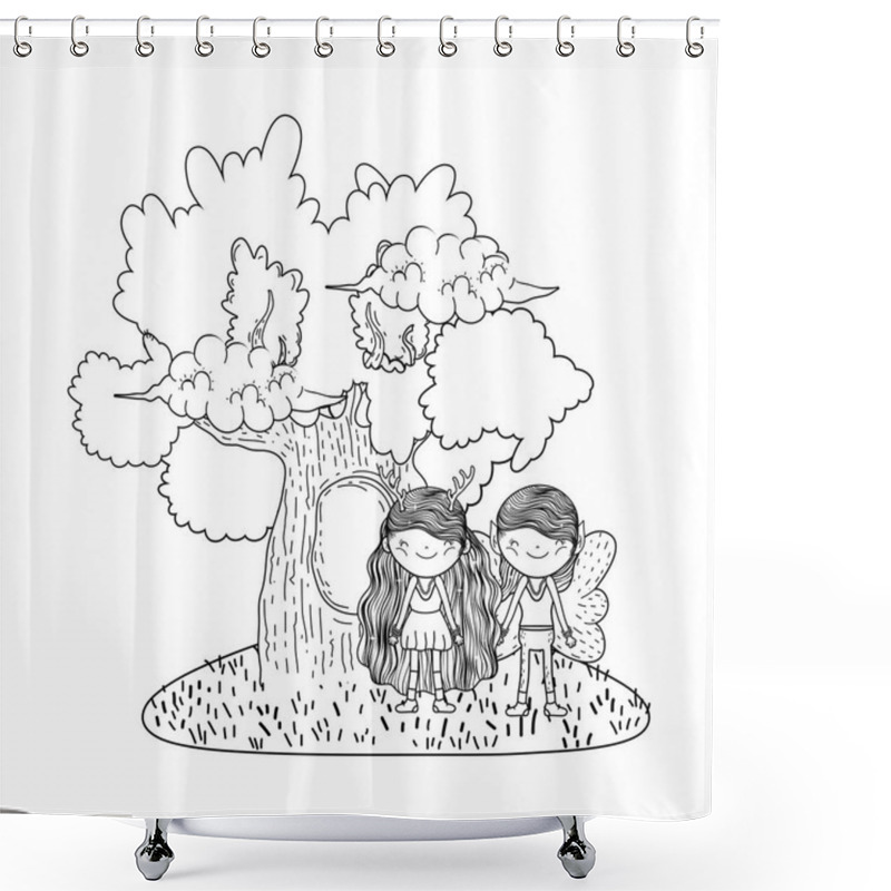 Personality  Cute Little Fairies Couple With Tree Shower Curtains