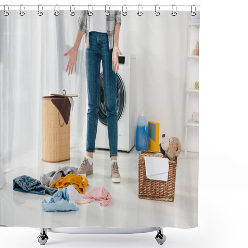 Personality  Cropped View Of Woman Standing Near Baskets And Scattered Clothes On Floor In Laundry Room Shower Curtains