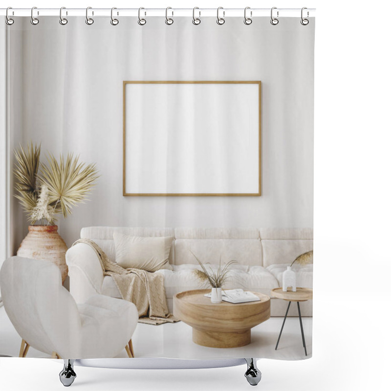 Personality  Mock Up Frame In Home Interior Background, Beige Room In Scandi-Boho Style, 3d Render Shower Curtains